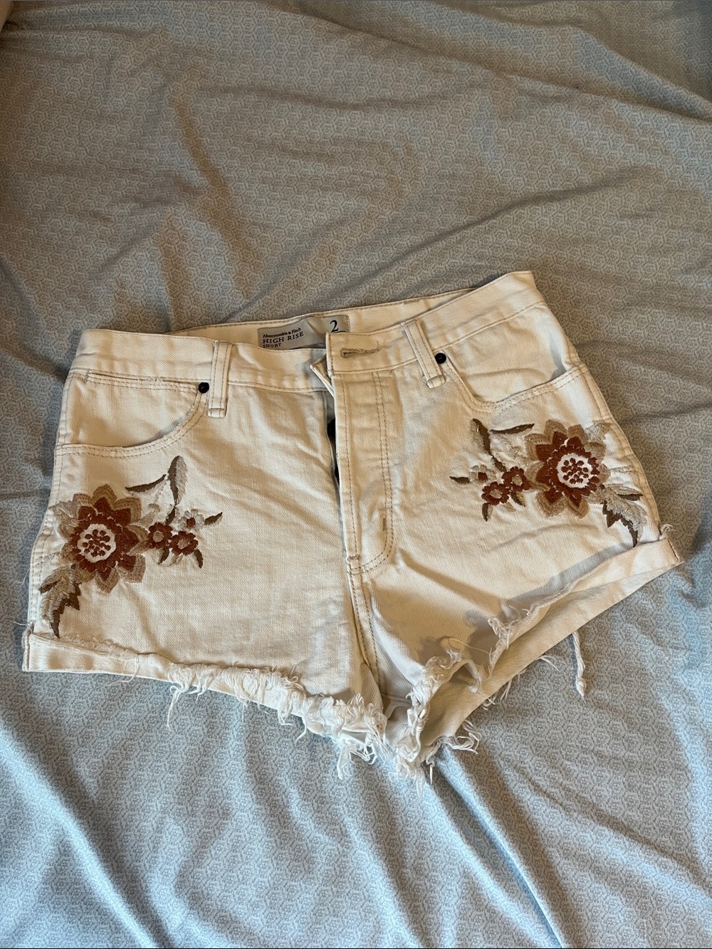 Abercrombie & Fitch Cream Denim Shorts with Brown Floral Embroidery